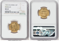 Republic gold 5 Pesos 1924 MS63 NGC, Medellin mint, KM204, Fr-115. Small head variety. 

HID09801242017

© 2022 Heritage Auctions | All Rights Reserve...
