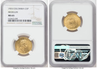 Republic gold 5 Pesos 1925 MS65 NGC, Medellin (MFDELLIN) mint, KM204, Fr-115. Lustrous satin surfaces. 

HID09801242017

© 2022 Heritage Auctions | Al...
