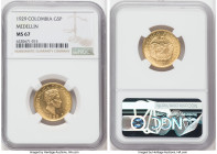 Republic gold 5 Pesos 1929 MS67 NGC, Medellin (MFDFLLIN) mint, KM204, Fr-115. Superb gem with satin mint bloom surfaces. 

HID09801242017

© 2022 Heri...