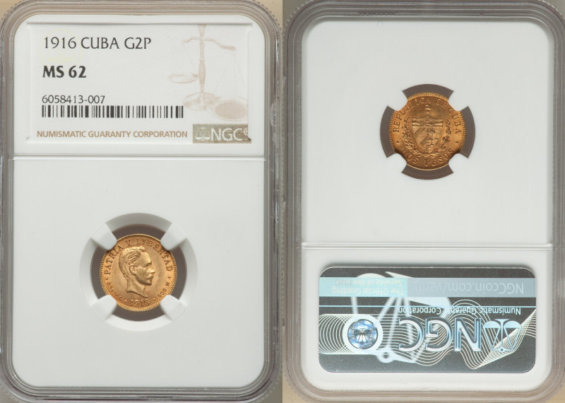 Republic gold 2 Pesos 1916 MS62 NGC, Philadelphia mint, KM17, Fr-6. Two year typ...