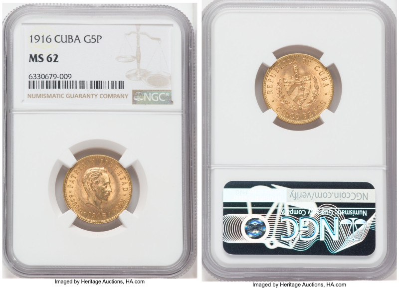 Republic gold 5 Pesos 1916 MS62 NGC, Philadelphia mint, KM19, Fr-4. Two year typ...