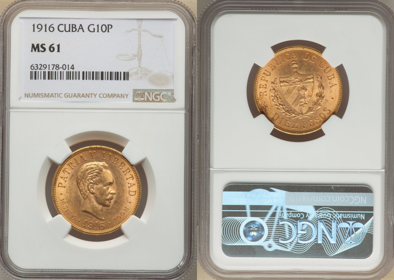 Republic gold 10 Pesos 1916 MS61 NGC, Philadelphia mint, KM20, Fr-3. Two year ty...