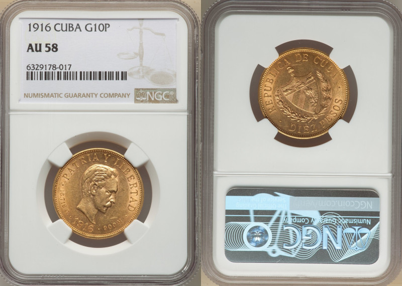 Republic gold 10 Pesos 1916 AU58 NGC, Philadelphia mint, KM20, Fr-3. Two year ty...