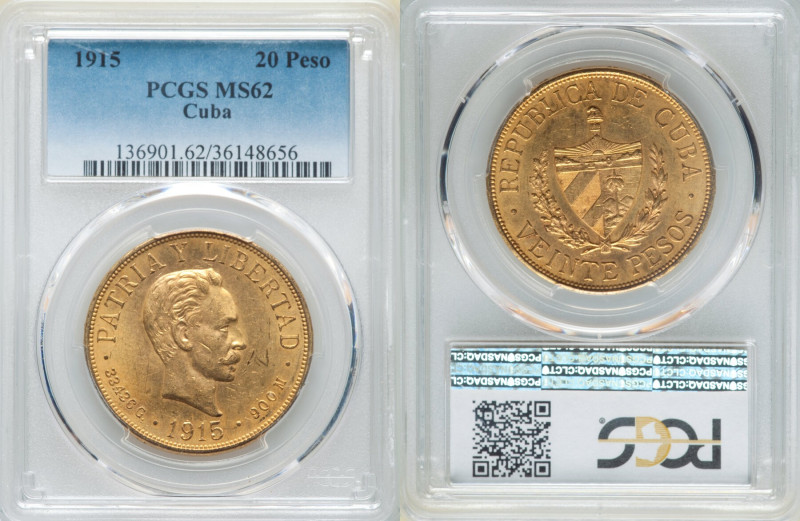 Republic gold 20 Pesos 1915 MS62 PCGS, Philadelphia mint, KM21, Fr-1. One year t...