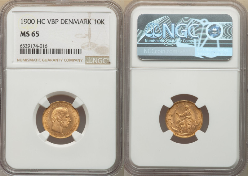 Christian IX gold 10 Kroner 1900 (h)-VBP MS65 NGC, Copenhagen mint, KM790.2, Fr-...