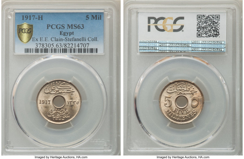 Hussein Kamil 5 Milliemes AH 1335 (1917)-H MS63 PCGS, Heaton mint, KM315. Ex. E....