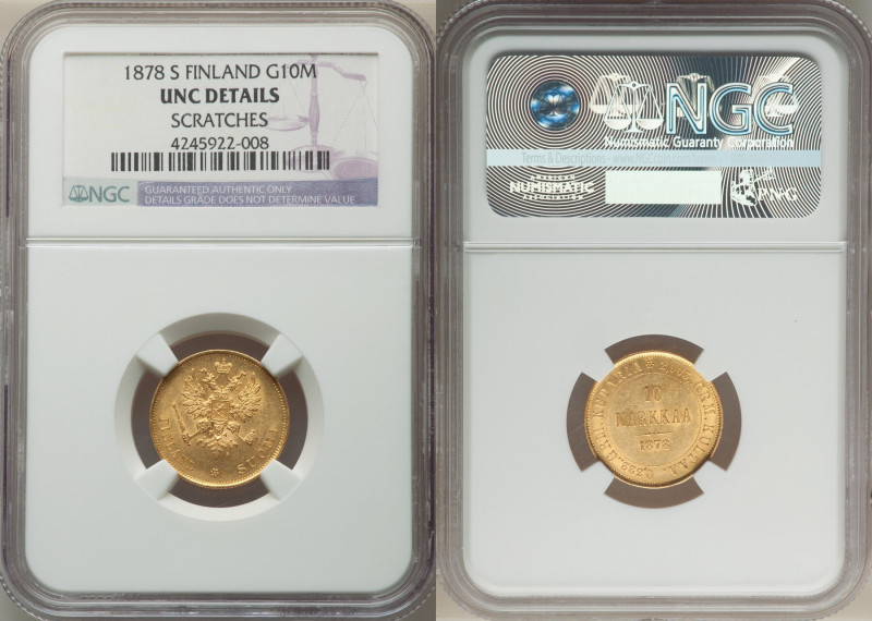 Russian Duchy. Alexander II gold 10 Markkaa 1878-S UNC Details (Scratches) NGC, ...