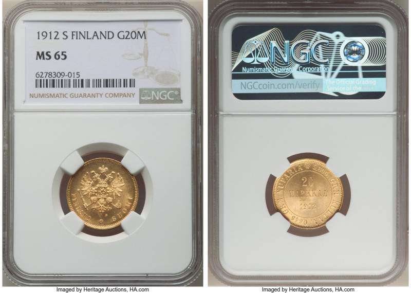 Russian Duchy. Nicholas II gold 20 Markkaa 1912-S MS65 NGC, Helsinki mint, KM9.2...