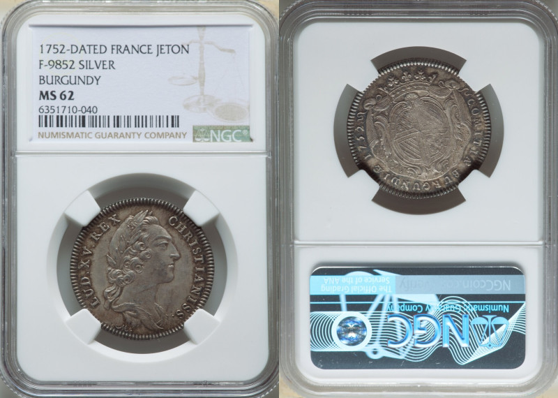 Burgundy silver Jeton 1752-Dated MS62 NGC, Feudardent-9852. Bust Louis XV laurea...