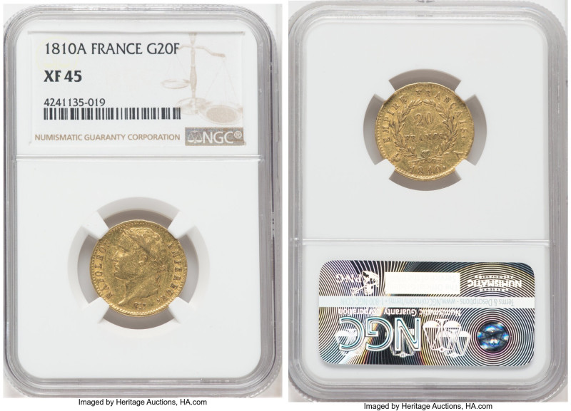 Napoleon gold 20 Francs 1810-A XF45 NGC, Paris mint, KM695.1, Fr-511. 

HID09801...