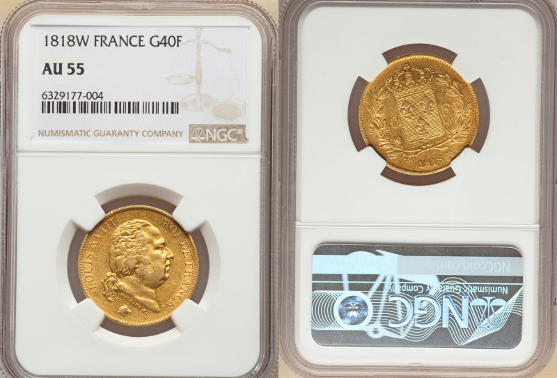 Louis XVIII gold 40 Francs 1818-W AU55 NGC, Lille mint, KM713.6. Fr-536. 

HID09...