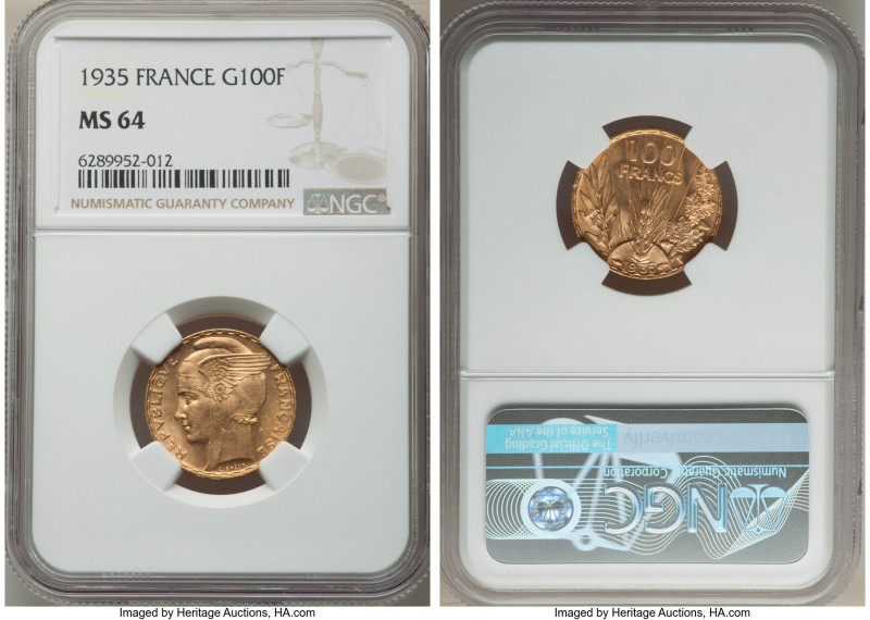 Republic gold "Bazor" 100 Francs 1935 MS64 NGC, Paris mint, KM880. Popular type ...