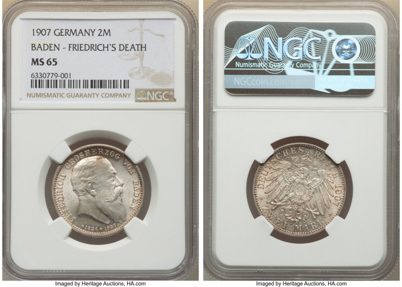 Baden. Friedrich I 2 Mark 1907 MS65 NGC, Karlsruhe mint, KM278, J-34. Death of F...