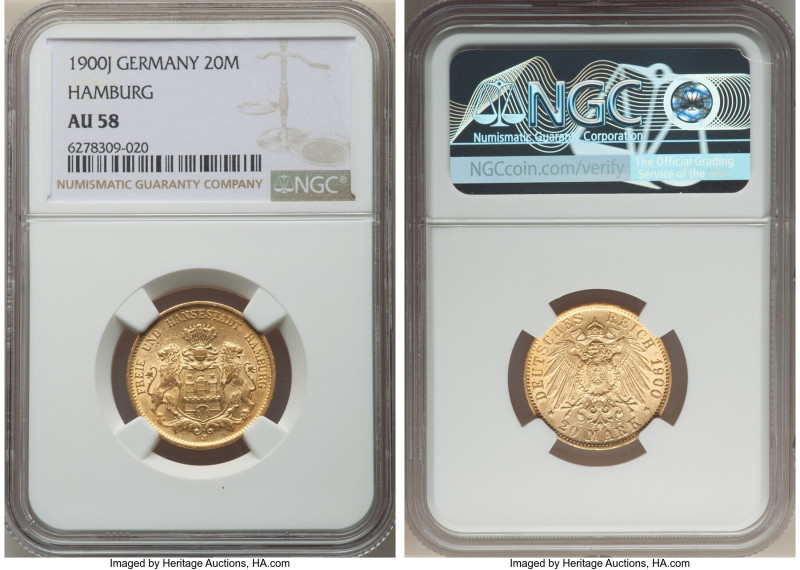 Hamburg. Free City gold 20 Mark 1900-J AU58 NGC, Hamburg mint, KM618, J-212. 

H...