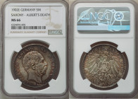 Saxony. Georg 5 Mark 1902-E MS66 NGC, Muldenhutten mint, KM1256, J-128. Death of Albert commemorative. Multicolored toning with cartwheel luster. 

HI...