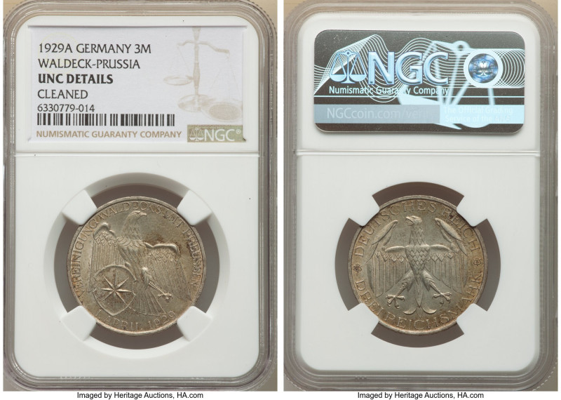 Weimar Republic "Waldeck" 3 Mark 1929-A UNC Details (Cleaned) NGC, Berlin mint, ...