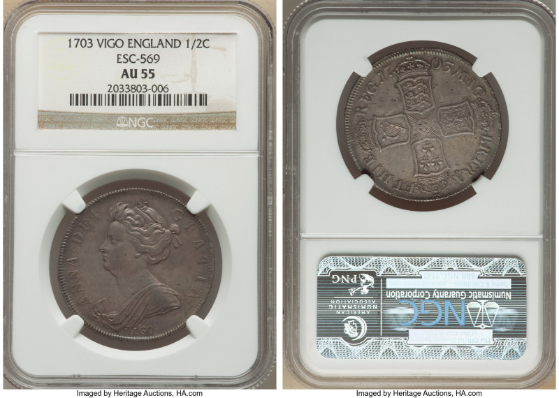 Anne "Vigo" 1/2 Crown 1703 AU55 NGC, KM518.1, S-3580, ESC-1358 (prev. ESC-569). ...