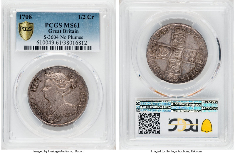 Anne 1/2 Crown 1708 MS61 PCGS, KM525.1, S-3604. No plumes in angles variety. 

H...