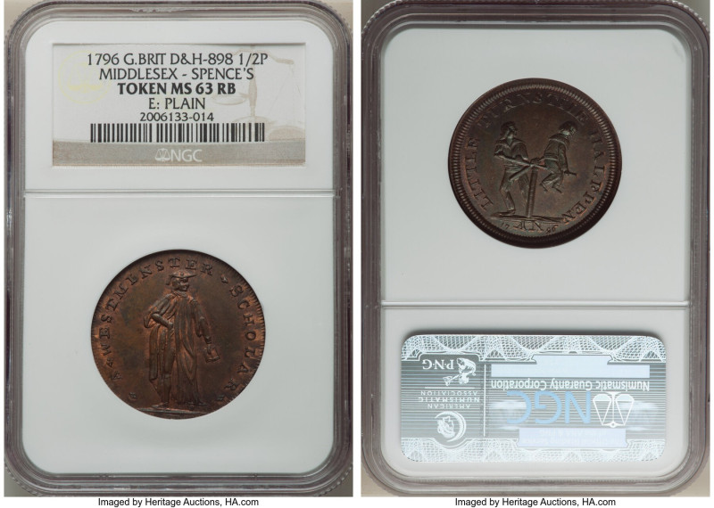 Middlesex. Spence's 1/2 Penny Token 1796 MS63 Red and Brown NGC, D&H-898. Plain ...