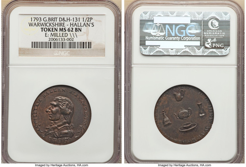 Warwickshire. Hallan's 1/2 Penny Token 1793 MS62 Brown NGC, D&H-131. Milled edge...