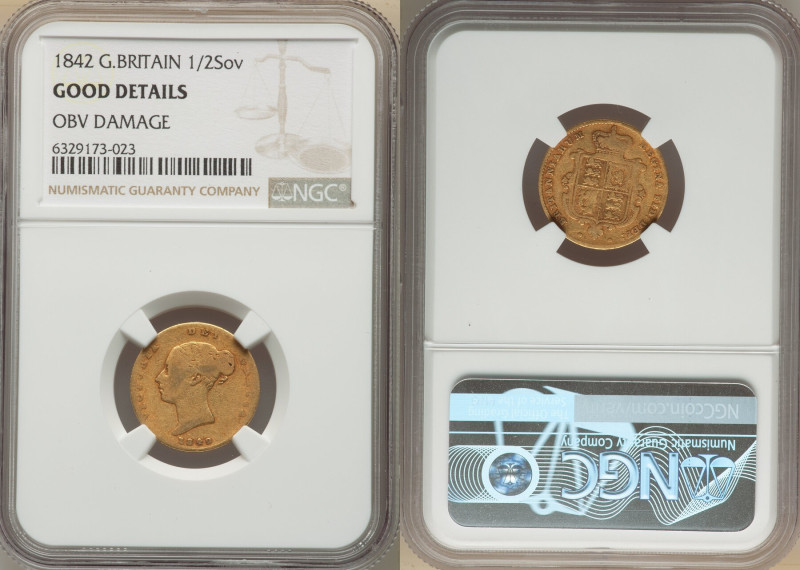 Victoria gold 1/2 Sovereign 1842 Good Details (Obverse Damage) NGC, KM735.1, S-3...