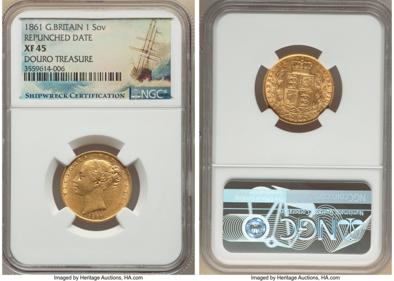 Victoria gold Sovereign 1861 XF45 NGC, KM736.1, S-3852D. Repunched Date. Shipwre...
