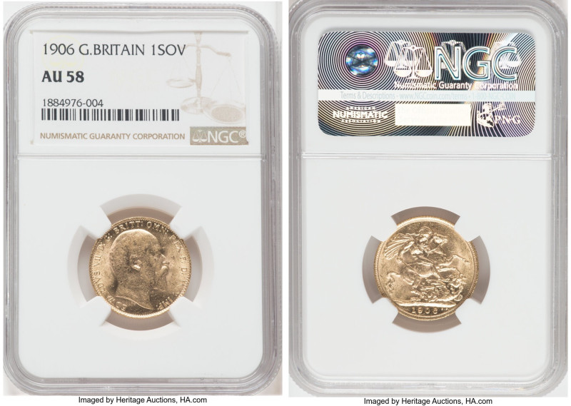 Edward VII gold Sovereign 1906 AU58 NGC, KM805, S-3969. Conservatively graded gl...