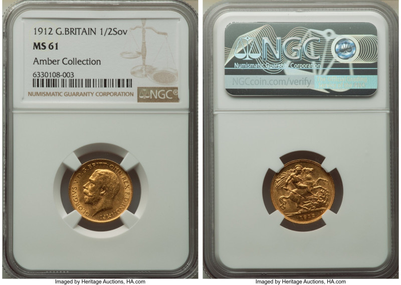 George V gold 1/2 Sovereign 1912 MS61 NGC, KM819. Delightful rolling luster that...