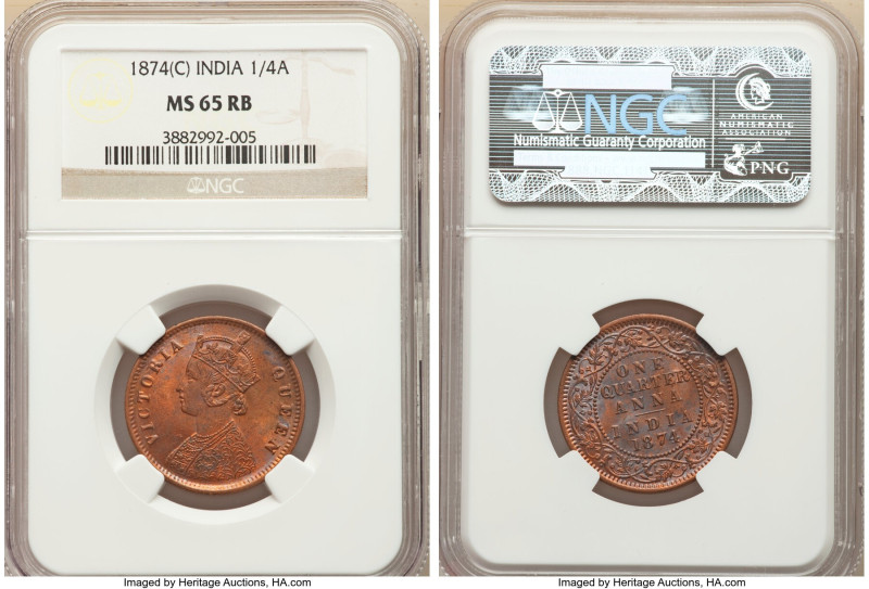 British India. Victoria 1/4 Anna 1874-(c) MS65 Red and Brown NGC, Calcutta mint,...