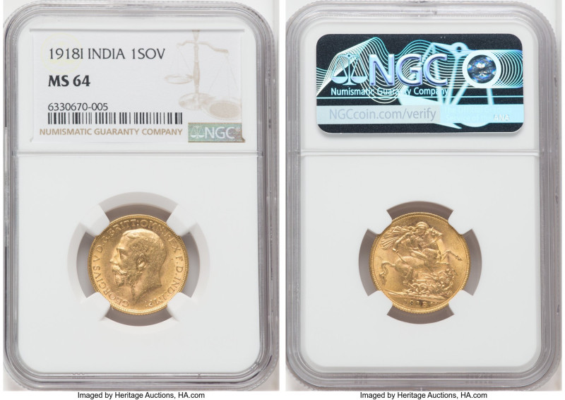 British India. George V gold Sovereign 1918-I MS64 NGC, Bombay mint, KM-A525, S-...