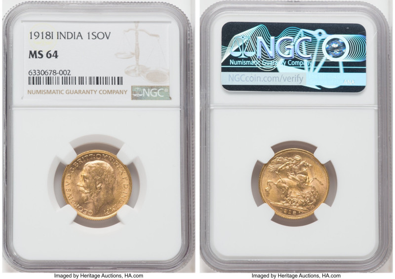 British India. George V gold Sovereign 1918-I MS64 NGC, Bombay mint, KM-A525, S-...