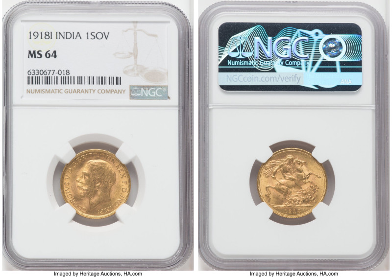 British India. George V gold Sovereign 1918-I MS64 NGC, Bombay mint, KM-A525, S-...