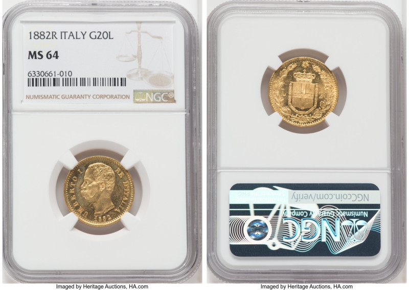 Umberto I gold 20 Lire 1882-R MS64 NGC, Rome mint, KM21, Fr-21. 

HID09801242017...