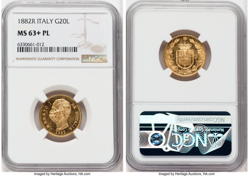 Umberto I gold 20 Lire 1882-R MS63+ Prooflike NGC, Rome mint, KM21, Fr-21. 

HID...