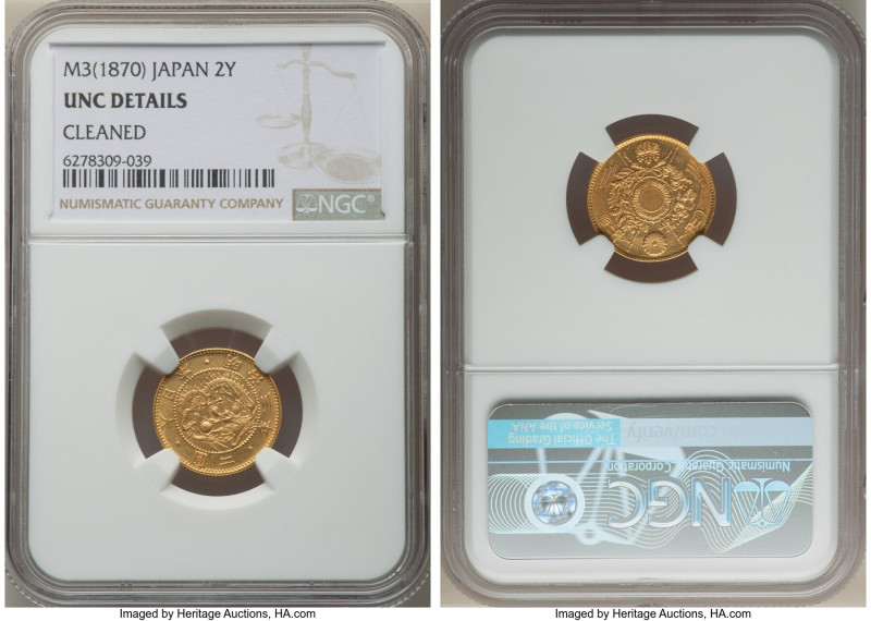 Meiji gold 2 Yen Year 3 (1870) UNC Details (Cleaned) NGC, Osaka mint, KM-Y10, JN...