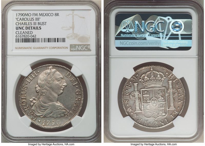 Charles IV 8 Reales 1790 Mo-FM UNC Details (Cleaned) NGC, Mexico City mint, KM10...