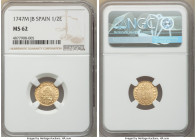 Ferdinand VI gold 1/2 Escudo 1747 M-JB MS62 NGC, Madrid mint, KM372, Cal-548. A highly respectable representation of this pleasing type distinguished ...