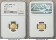Ferdinand VI gold 1/2 Escudo 1759 M-J MS61 NGC, Madrid mint, KM378, Cal-566. Pale-gold surfaces abound this Mint State survivor, displaying a superb s...