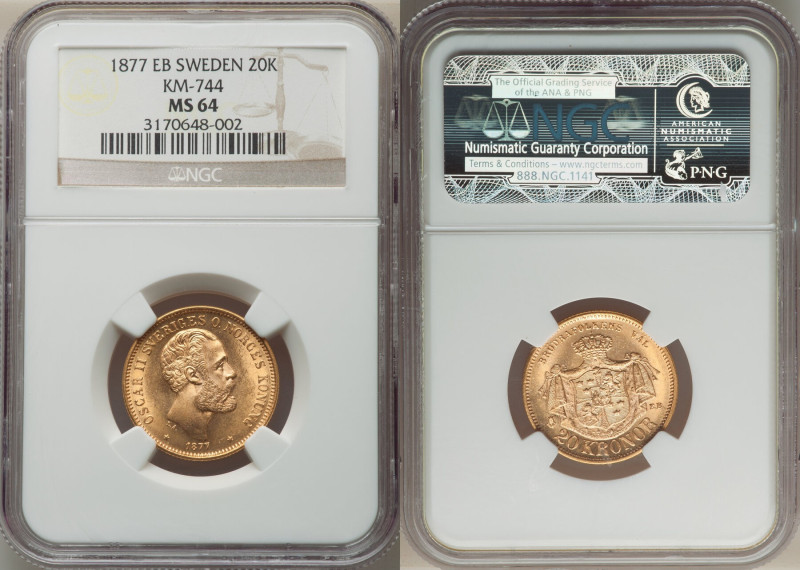 Oscar II gold 20 Kronor 1877-EB MS64 NGC, Stockholm mint, KM744, Fr-93. 

HID098...