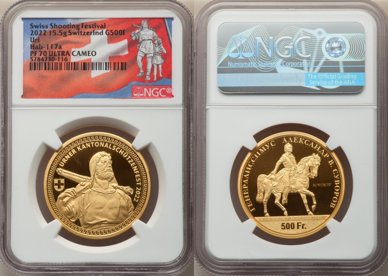 Confederation gold Proof "Uri Shooting Festival" 500 Francs 2022 PR70 Ultra Came...