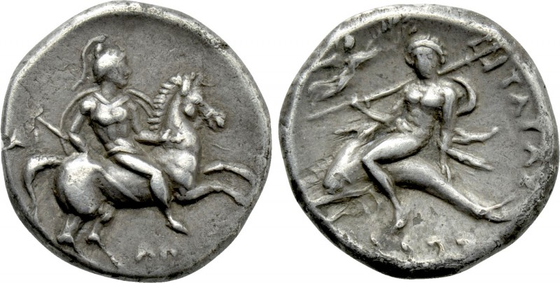 CALABRIA. Tarentum. Nomos (Circa 272-240 BC). 

Obv: Warrior, holding shield a...