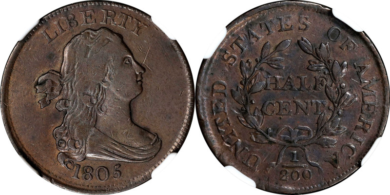1805 Draped Bust Half Cent. Medium 5, Stemless Wreath. EF Details--Cleaned (NGC)...