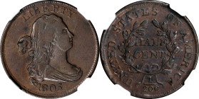 1805 Draped Bust Half Cent. Medium 5, Stemless Wreath. EF Details--Cleaned (NGC).

PCGS# 1081. NGC ID: 222H.

Estimate: $ 200