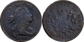 1797 Draped Bust Cent. Reverse of 1797, Stems to Wreath. VF Details--Tooled (PCGS).

PCGS# 1422. NGC ID: 2242.

Estimate: $ 700
