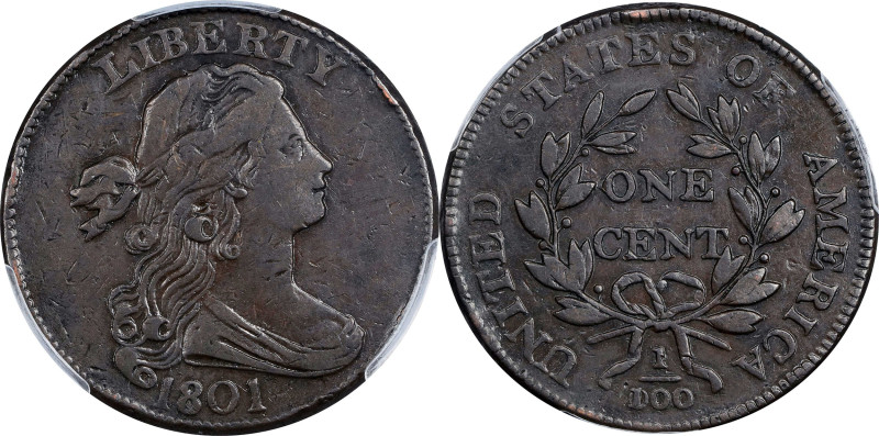 1801 Draped Bust Cent. 1/100 Over 1/000. VF Details--Rim Damage (PCGS).

PCGS#...