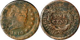 1810 Classic Head Cent--Struck Off Center--Good, Corroded.

PCGS# 1549. NGC ID: 224S.

From the Estate of Graydon Lee Cook.&nbsp;

Estimate: $ 1...
