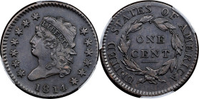 1814 Classic Head Cent. Crosslet 4. VF-35 (PCGS).

PCGS# 1573. NGC ID: 224Y.

Estimate: $ 1095
