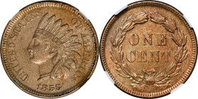 1859 Indian Cent. MS-62 (NGC).

PCGS# 2052. NGC ID: 227E.

Estimate: $ 470