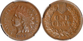 1869/69 Indian Cent. Snow-4, FS-303. Repunched Date. EF-45 (PCGS).

Smooth surfaces, light, even wear and soft reddish-brown fields. The popular 186...