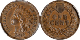 1870 Indian Cent. Bold N. AU-53 (PCGS). CAC.

PCGS# 2097. NGC ID: 227U.

Ex Joseph J. Haney Collection.

Estimate: $ 390